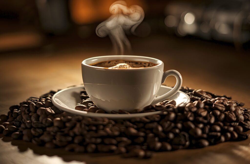 A cup of coffee sitting in a pile of coffee beans.