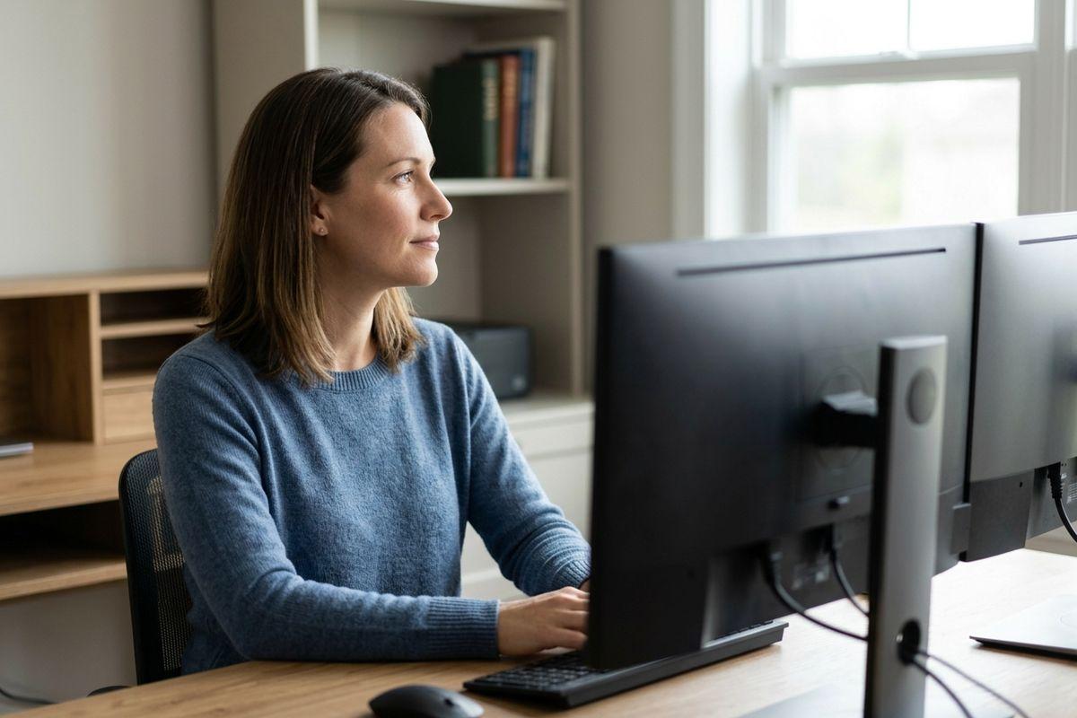 Adult in a blue sweater sitting at a desk, working at dual computer monitors in a home office with a bookshelf and window.