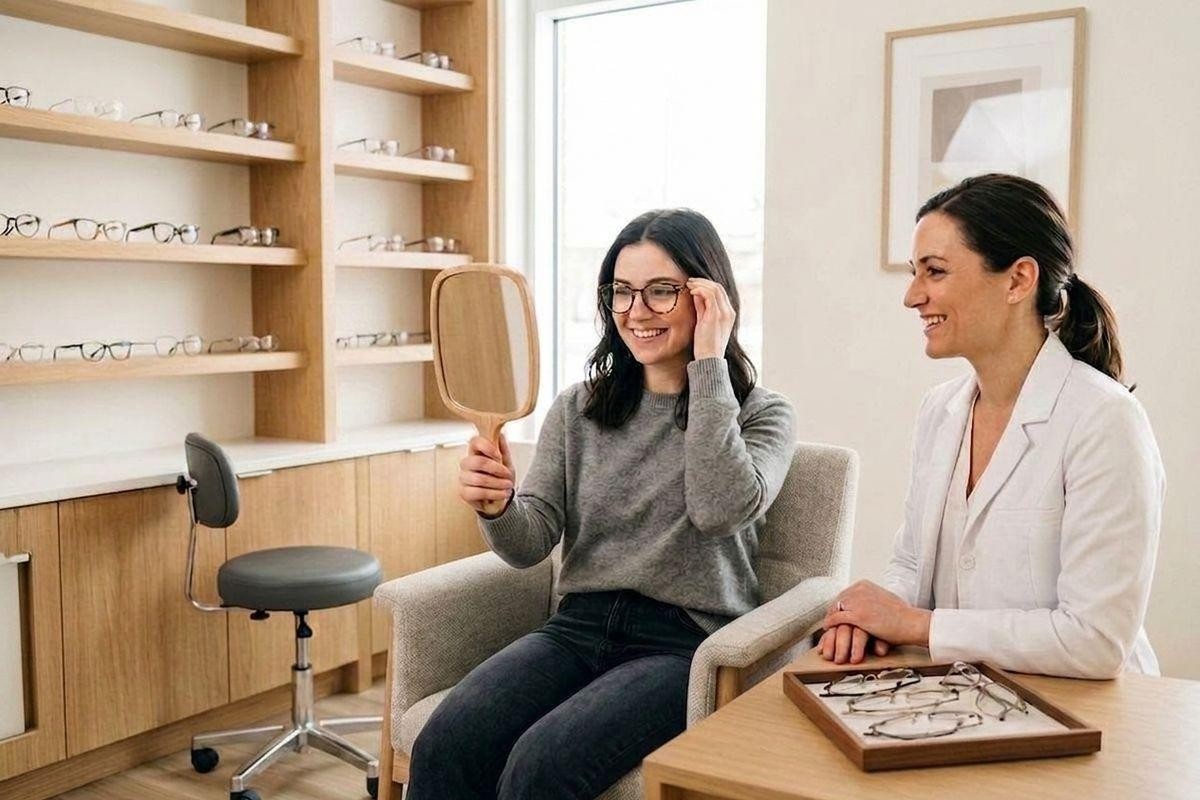 adult-trying-on-glasses-and-holding-a-hand-mirror-in-an-optical-shop-smiling-whi Adult trying on glasses and holding a hand mirror in an optical shop, smiling, while an optometrist sits nearby with a tray of frames.