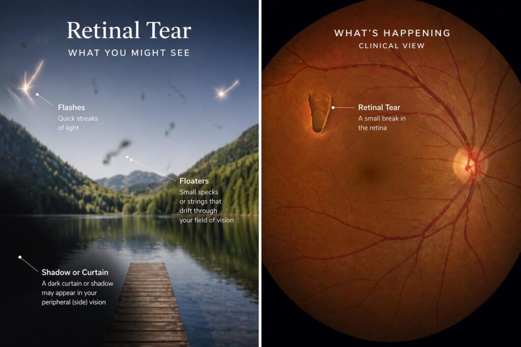 Image comparing what you might see vs what's happening clinically with retinal tear.