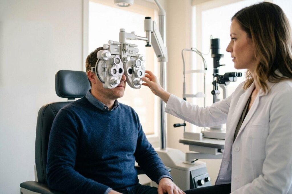 Optometrist adjusting a phoropter over a seated patient's eyes during an eye exam in a clinic.
