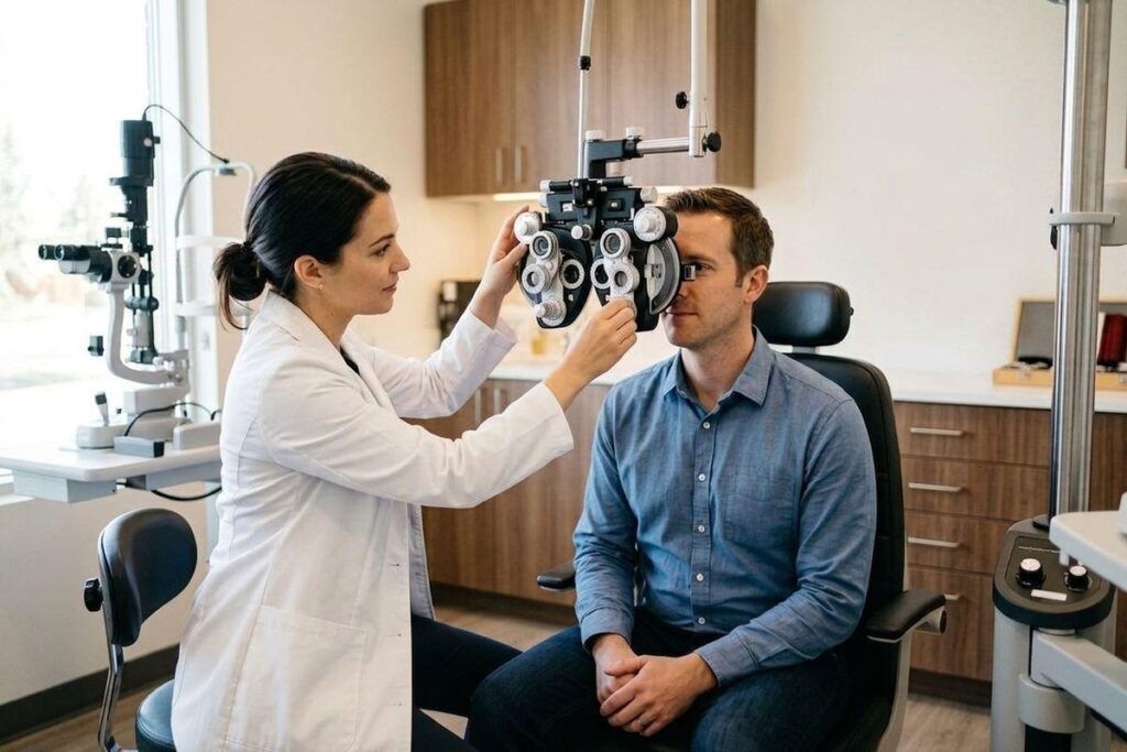 Optometrist positions a phoropter in front of a seated adult patient during an eye exam in a clinic.