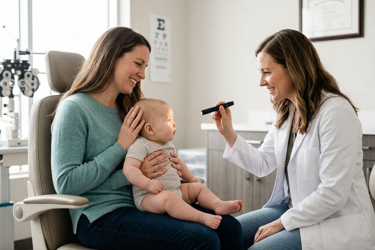 optometrist-shines-a-penlight-toward-a-baby-sitting-on-an-adult-s-lap-in-an-eye- Optometrist shines a penlight toward a baby sitting on an adult's lap in an eye exam chair; both adults are smiling.