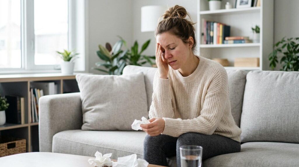 Woman sitting on couch holding her sinuses.