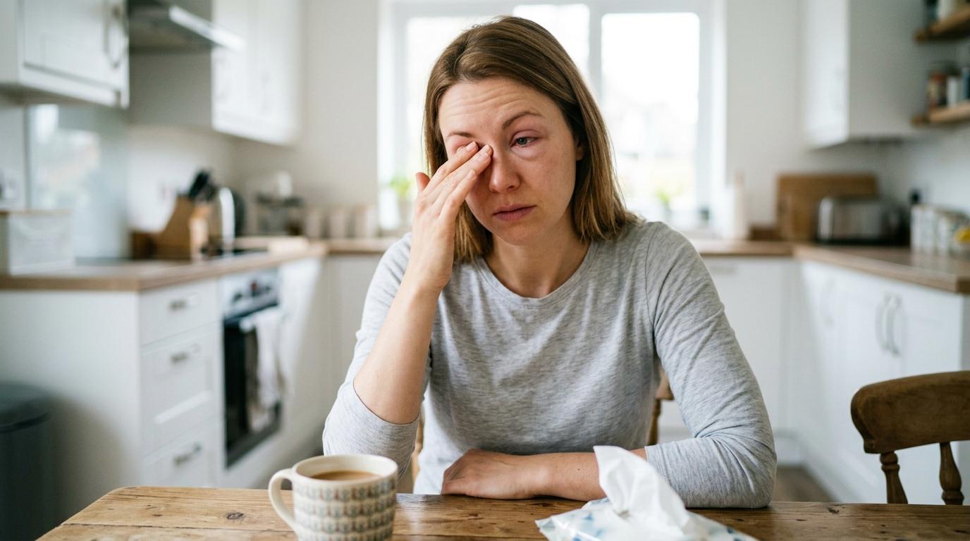 Women with red and inflamed eyes sitting at kitchen table.