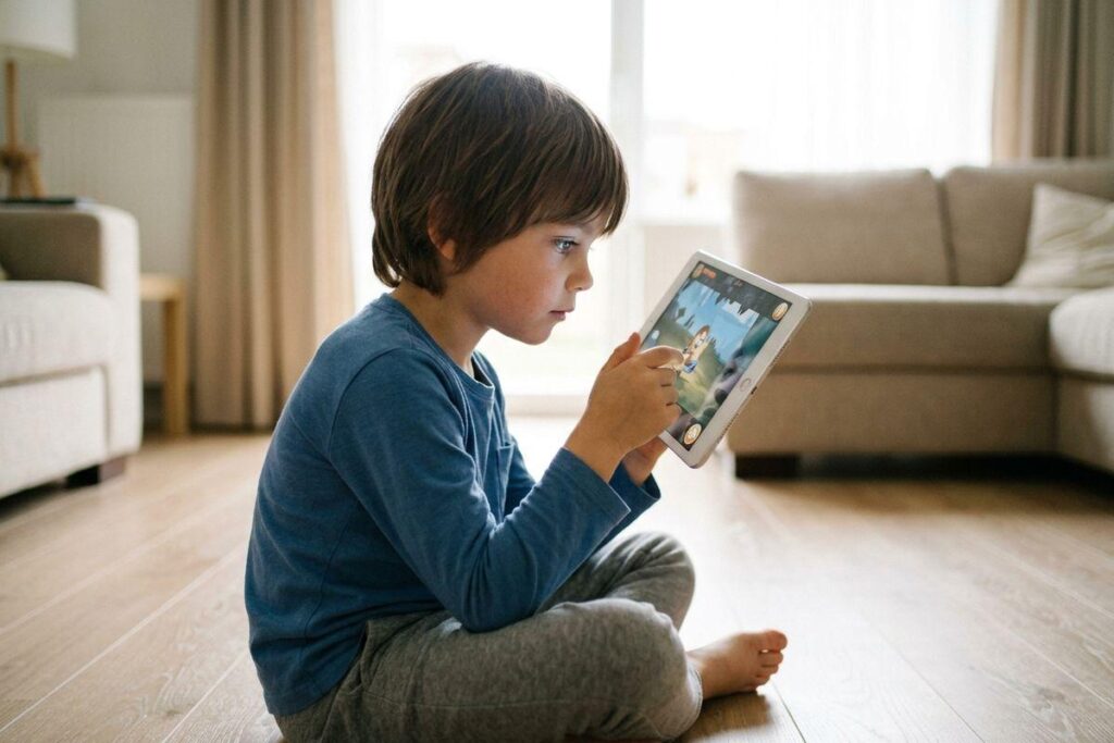Young boy sitting on living room floor playing with a tablet.
