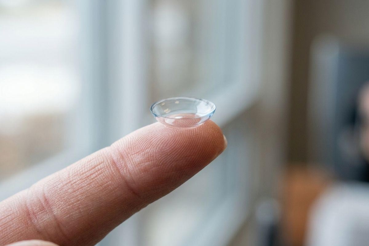 a-clear-contact-lens-resting-on-the-tip-of-a-finger-shown-in-close-up-against-a- A clear contact lens resting on the tip of a finger, shown in close-up against a blurred indoor background.