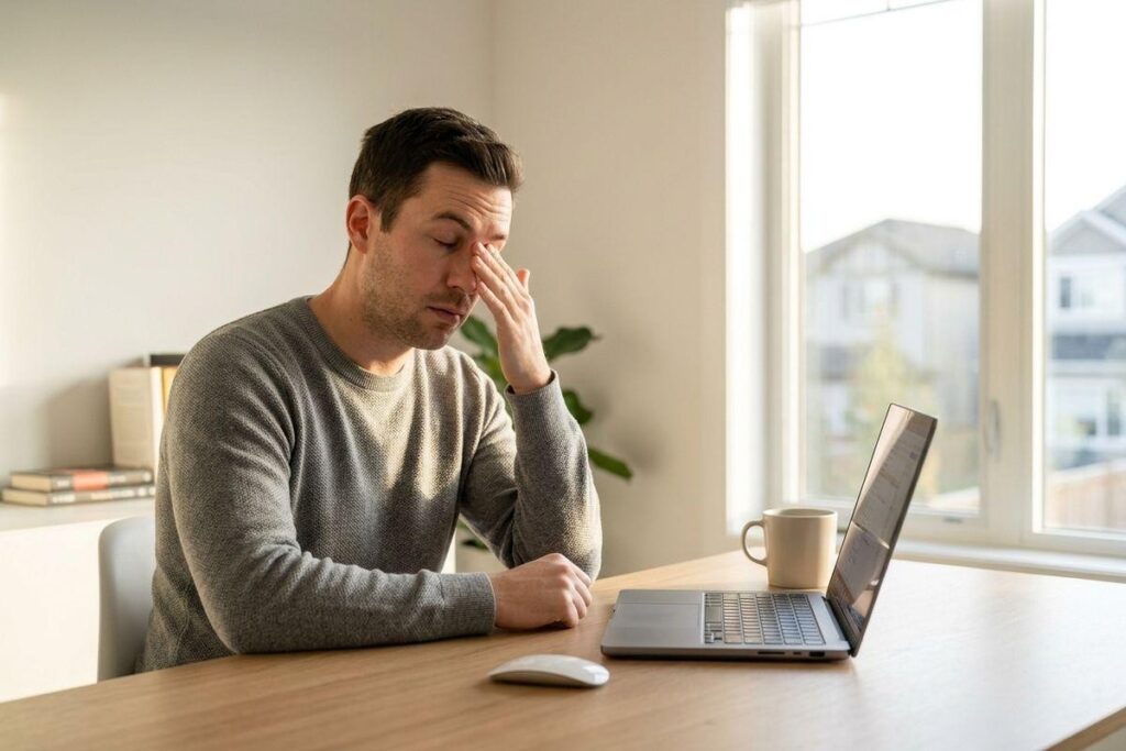 Adult sitting at a home desk with a laptop, rubbing their closed eyes with one hand, appearing strained.