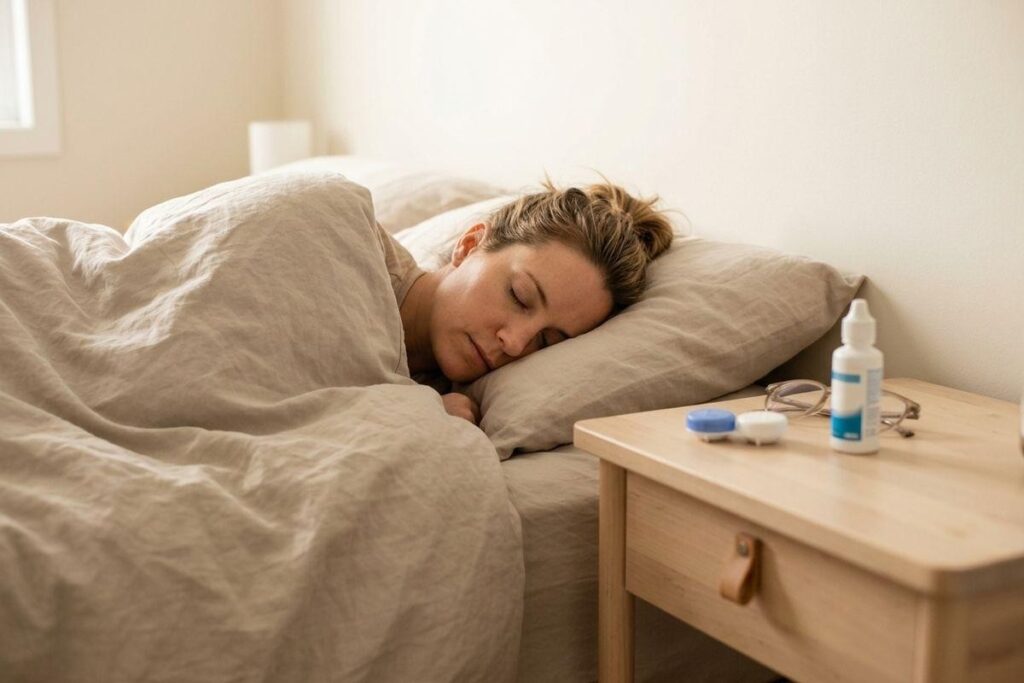 Adult sleeping in bed with linen bedding. A nightstand holds contact lens case, solution bottle, and glasses.