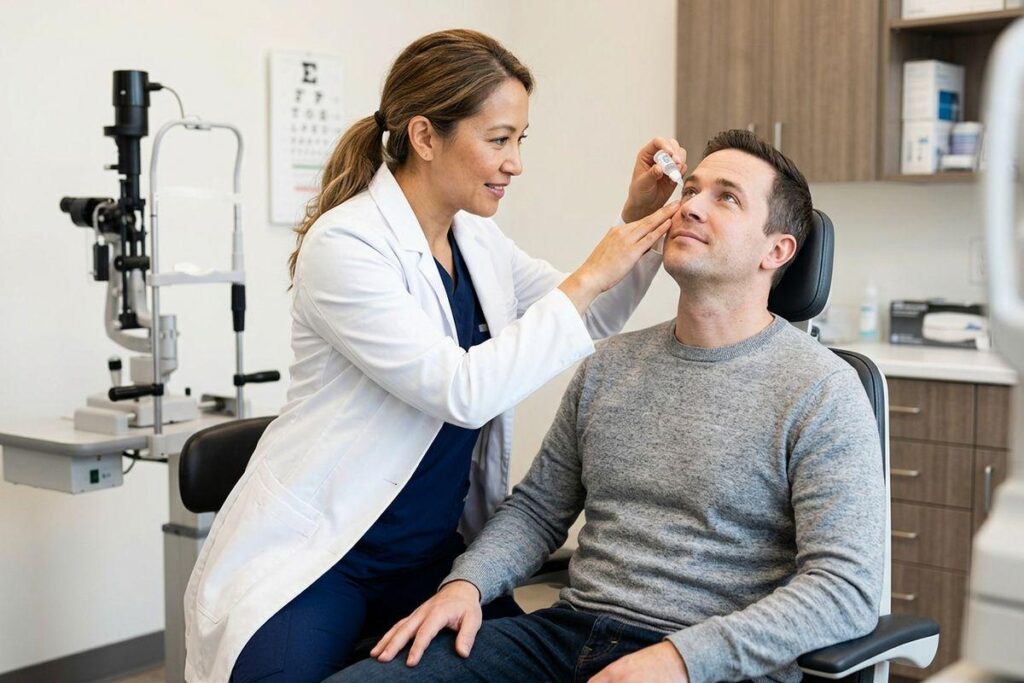 An optometrist applying eye drops to a seated patient in an exam room with an eye chart and slit lamp in the background.