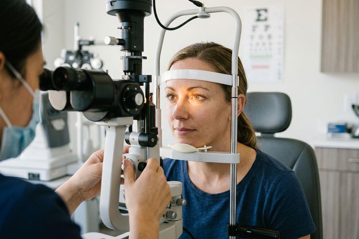 An optometrist examines a patient's eyes using a slit lamp, with an eye chart on the wall in the background.