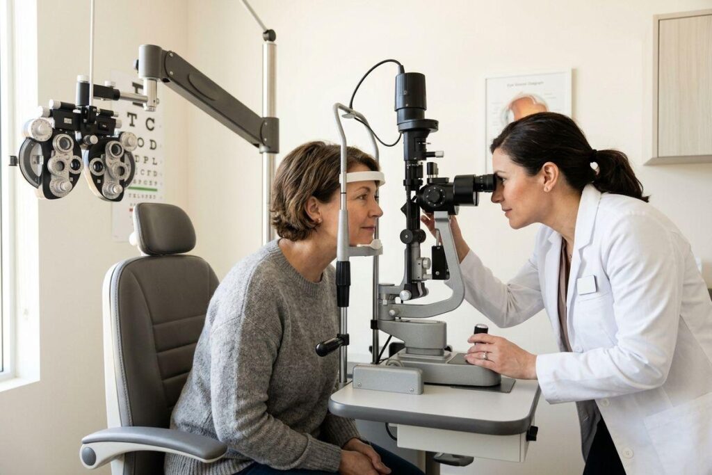 An optometrist examines a seated patient's eyes using a slit lamp in an exam room, with an eye chart on the wall.