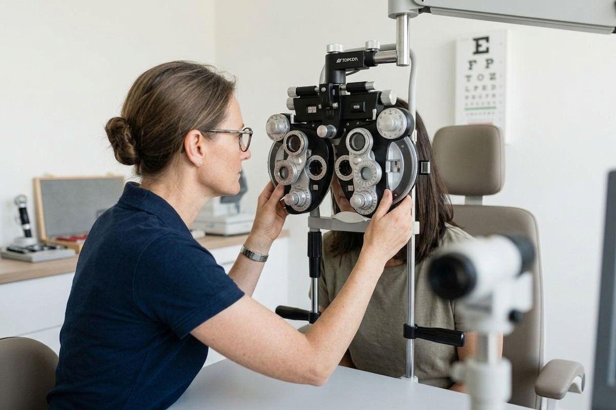 Optometrist adjusts a phoropter for a patient during an eye exam, with an eye chart on the wall behind.