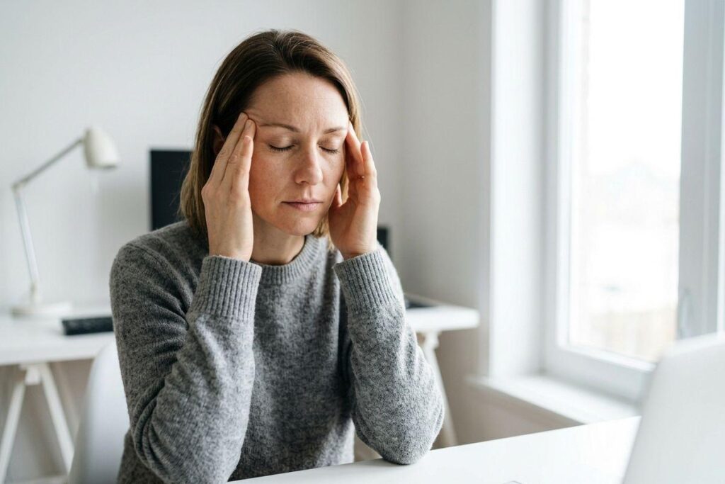 A person with their eyes closed, pressing fingers to both temples at a desk near a window.