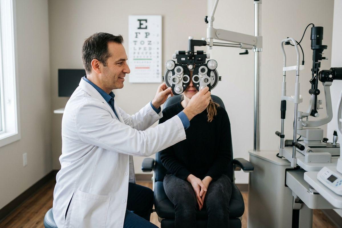An optometrist adjusting a phoropter for a patient during an eye exam, with an eye chart on the wall behind.