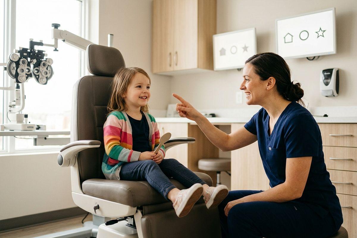 An optometrist smiling and pointing at a smiling child seated in an exam chair during an eye exam.