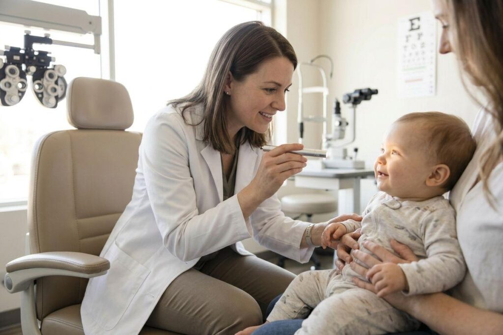 An optometrist smiling, holding a light pen toward a smiling baby held on an adult's lap in an eye exam room.