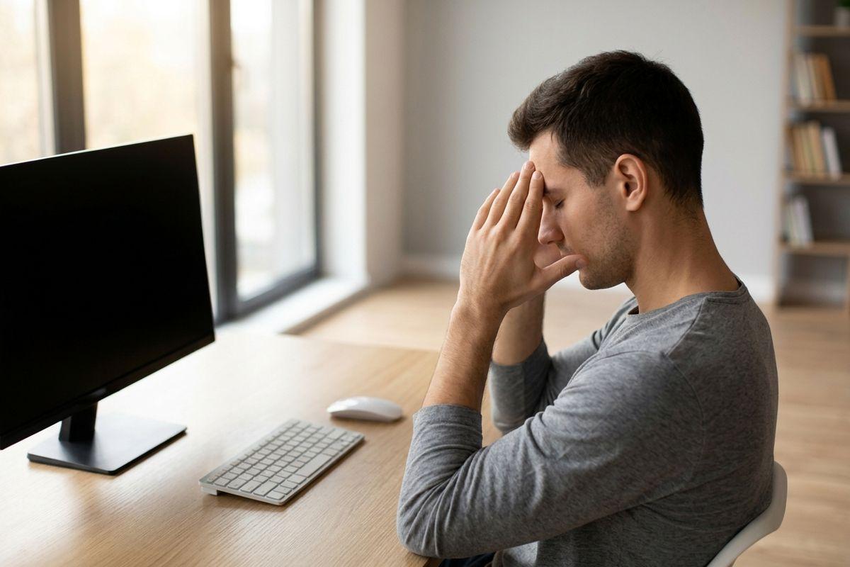 Adult at a desk with eyes closed, pressing both hands to their forehead, beside a dark computer monitor, keyboard and mouse in a bright room.