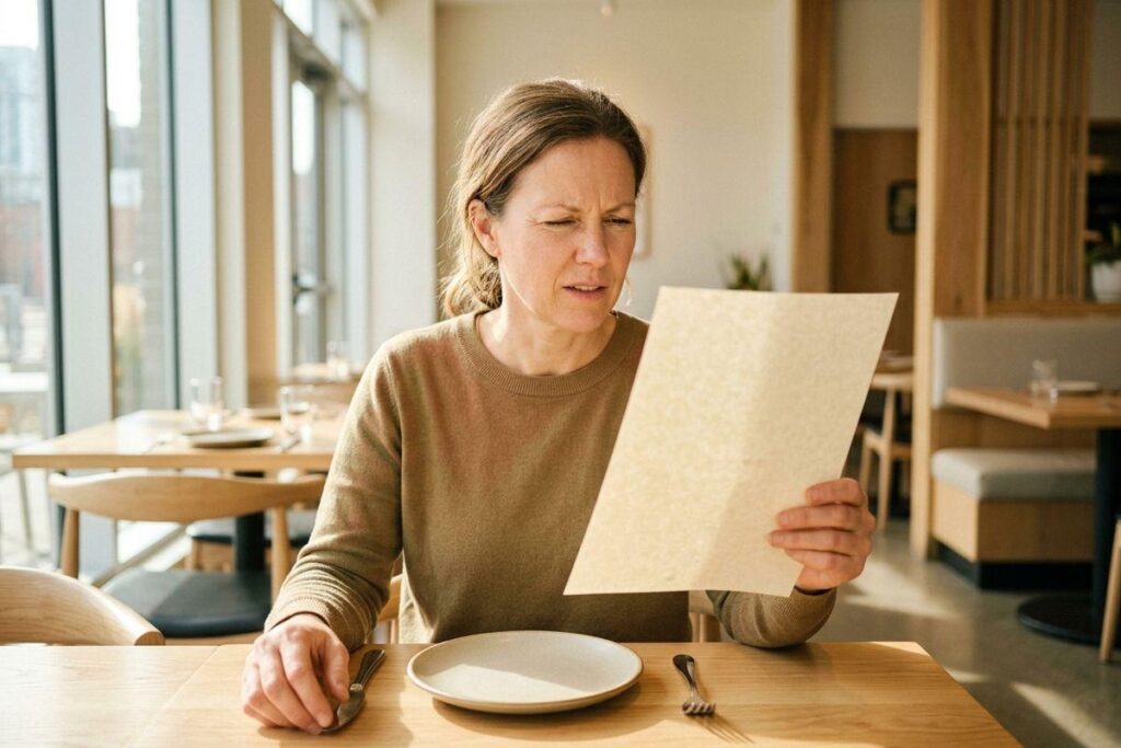 Adult at a restaurant table squinting at a blank paper menu held up in one hand, with an empty plate and utensils in front of them in a sunlit room.