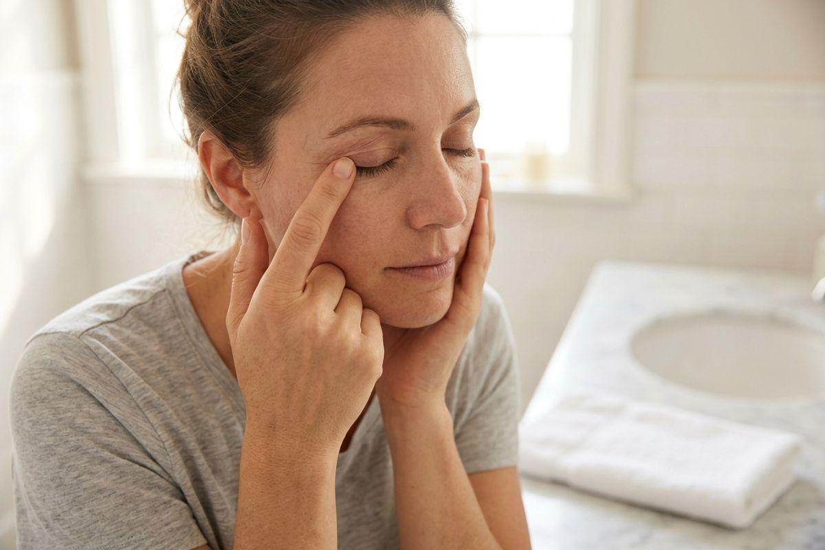 Adult with eyes closed presses fingers near one eye while resting the other hand on their cheek, in a bright bathroom beside a marble sink.