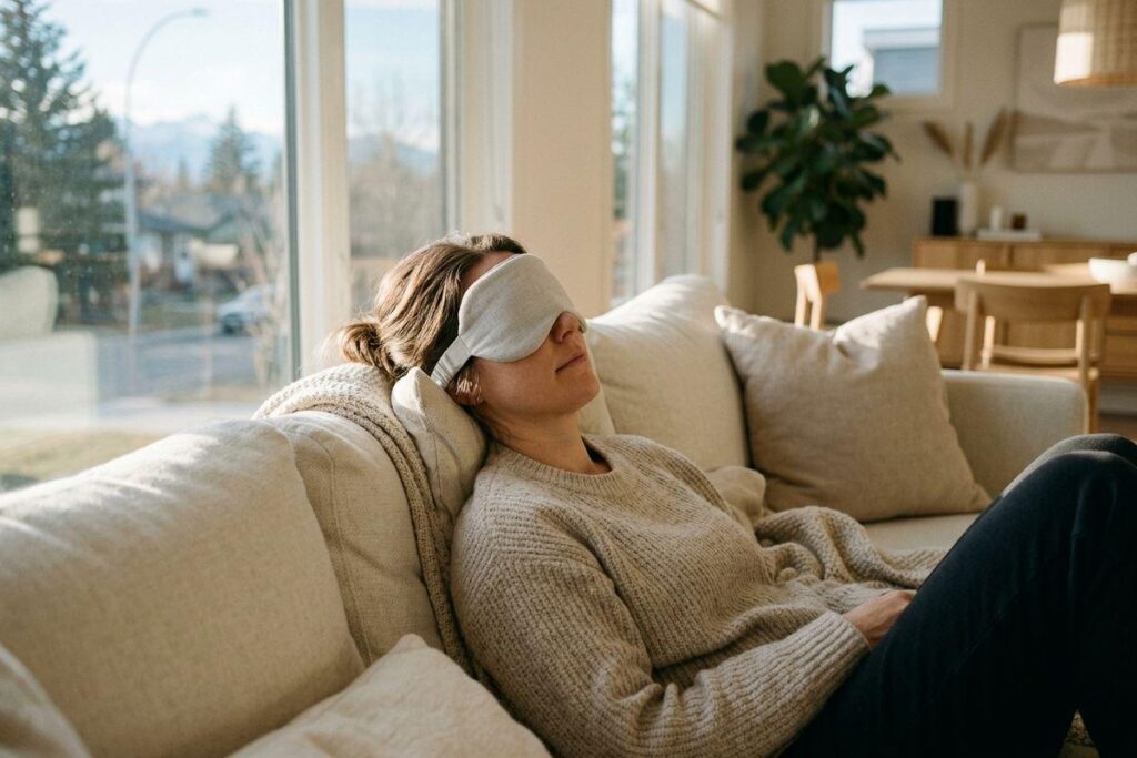 Person in a knit sweater reclines on a cream sofa wearing a gray sleep mask, resting calmly in a sunlit living room with large windows.